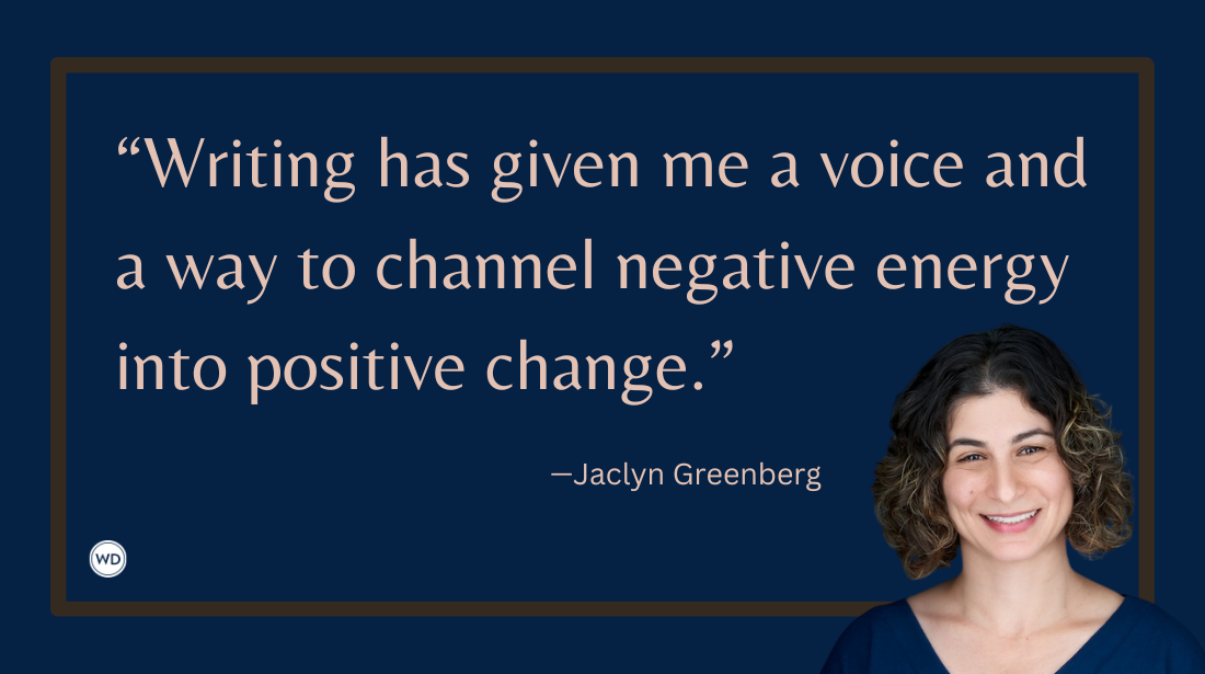 How Writing Healed Me in Ways Therapy Didn't, by Jaclyn Greenberg (author photo smiling with quote)